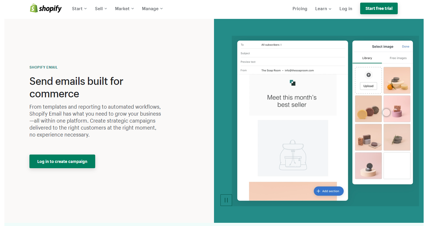 Screenshot of Shopify Email’s landing page