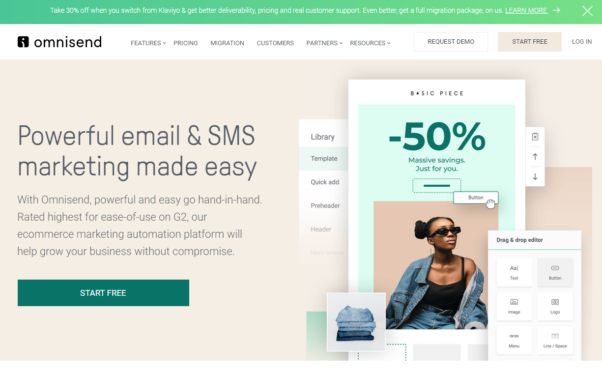 Screenshot of Omnisend.com’s landing page